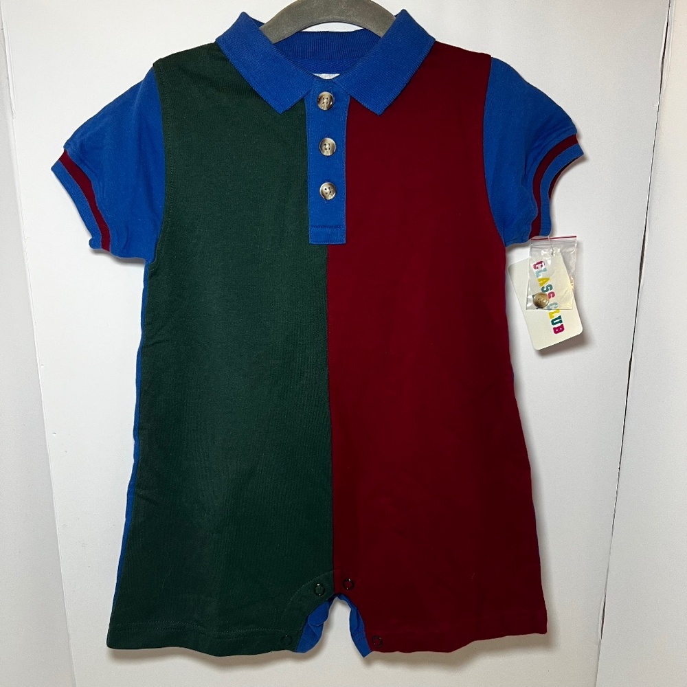 VTG Dead stock Class Color Block Boys Collared Romper Snap Closure Preppy Sporty